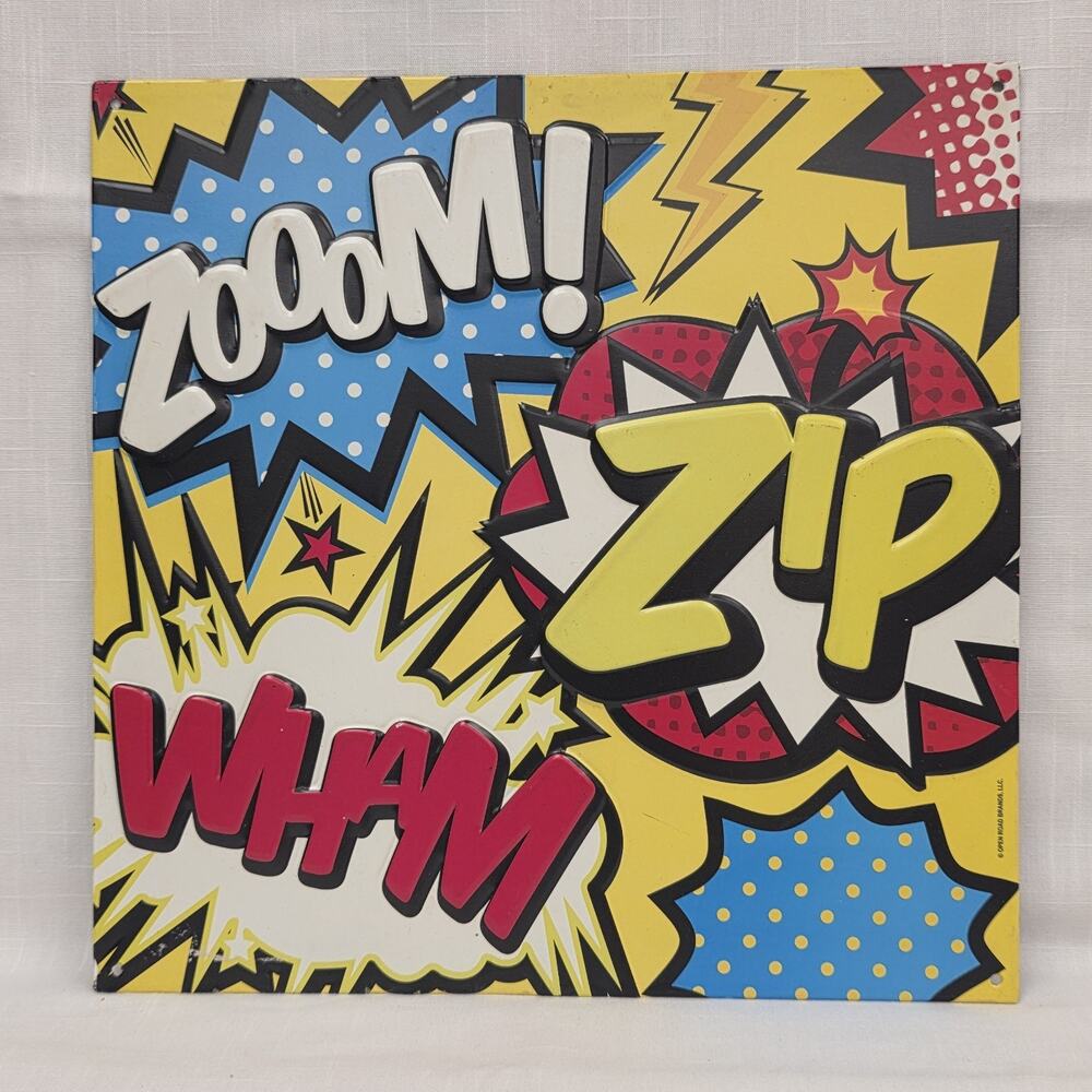 Pop Art Comic Book Metal Wall Sign Zoom Zip Wham Colorful 12" Square Decor